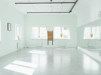 Modern minimalist exercise studio with natural wooden floor and light